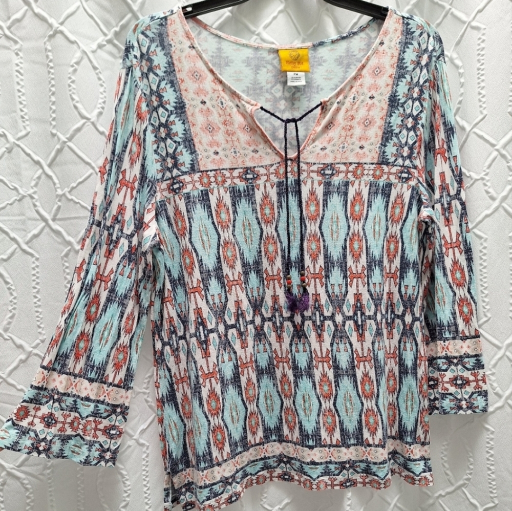 Ruby Rd. Pink Blue 3/4 Sleeve Tie Front  Boho Aztec Hippie Strechy Womens PM